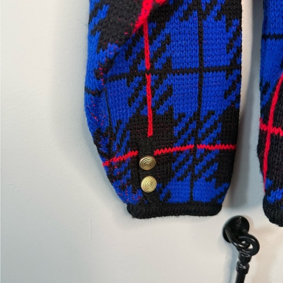 Vintage 80s Plaid Knit Sweater w/ Shoulder Pads & Pockets – Tally-Ho XL - Picture 2 of 8